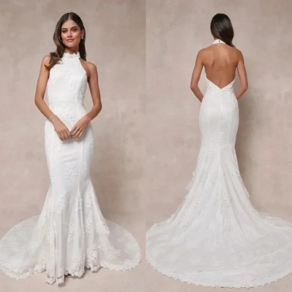 Lulus Dreamy Glamour White Embroidered Halter Mermaid Maxi Dress L Wedding Bride - Picture 1 of 16